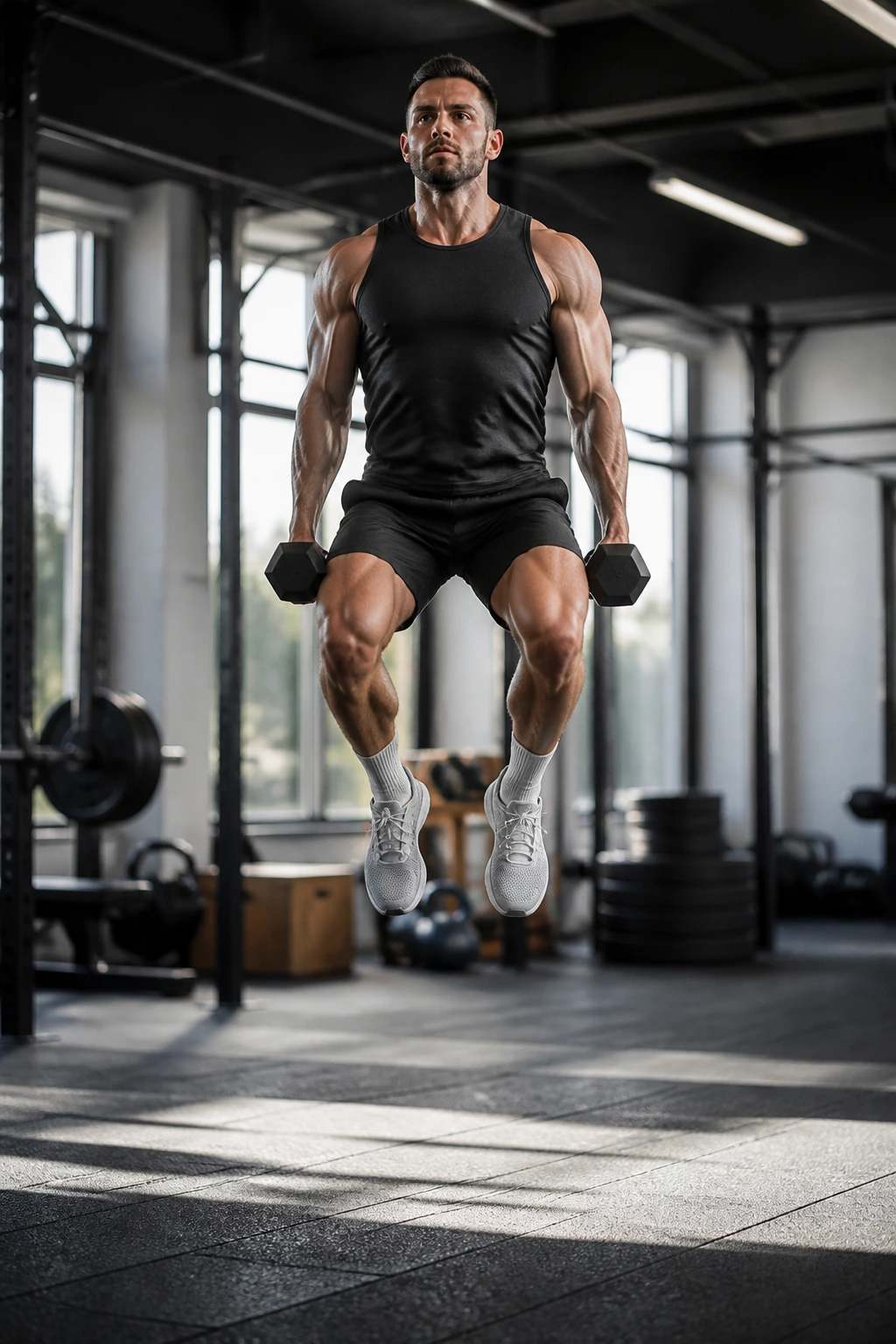 Medium-close-up of a person performing resistance-loaded squat jumps with dumbbells in a gym.