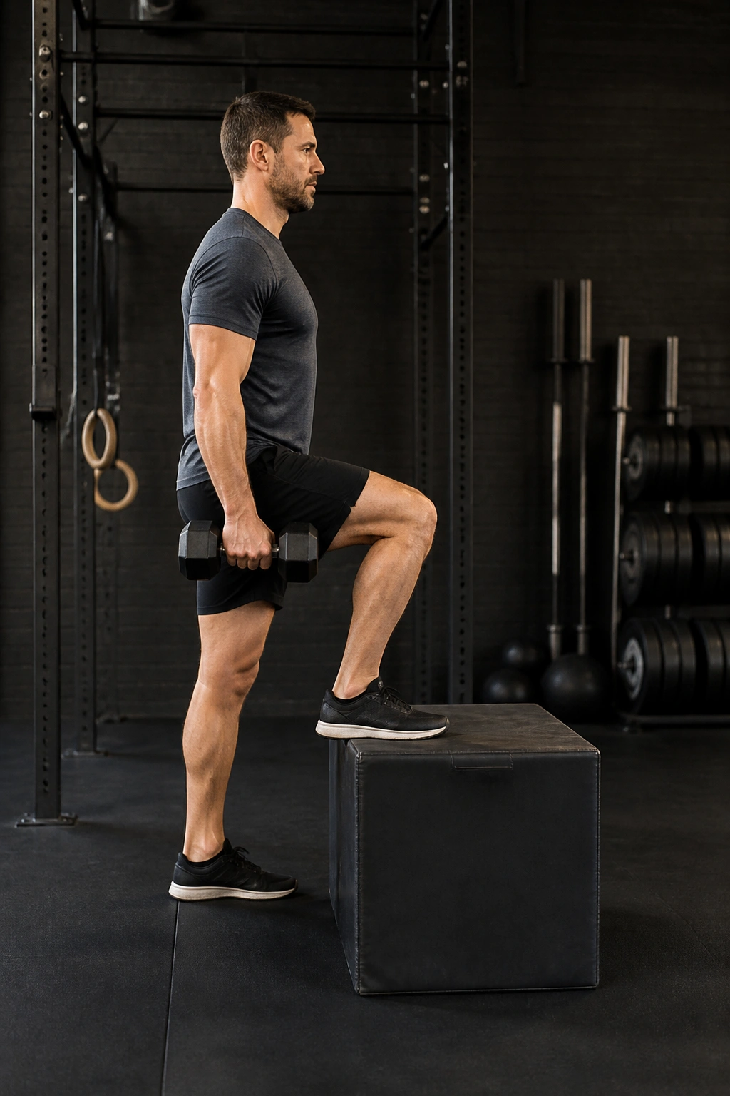 Person performing weighted step-ups on a box with dumbbells