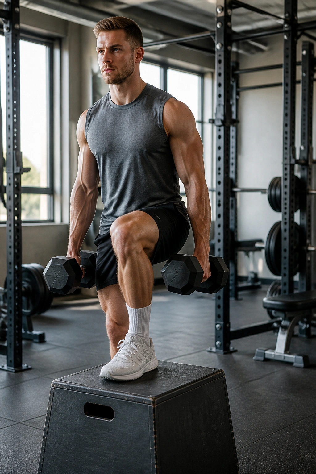 Athlete performing weighted step-ups onto a box in gym