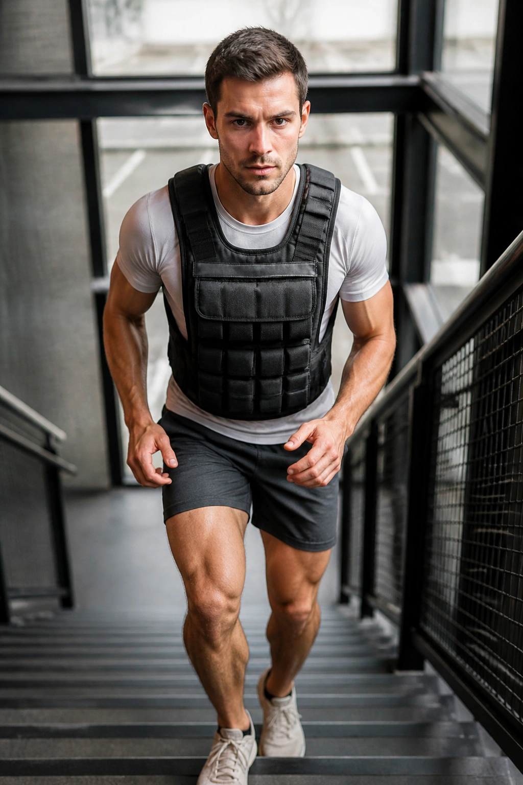 Person wearing a weighted vest climbing stairs with upright posture