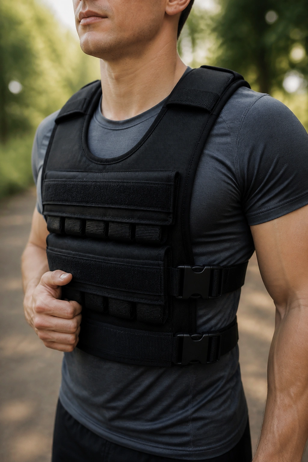 Close-up of a weighted vest worn on a person's torso in a park