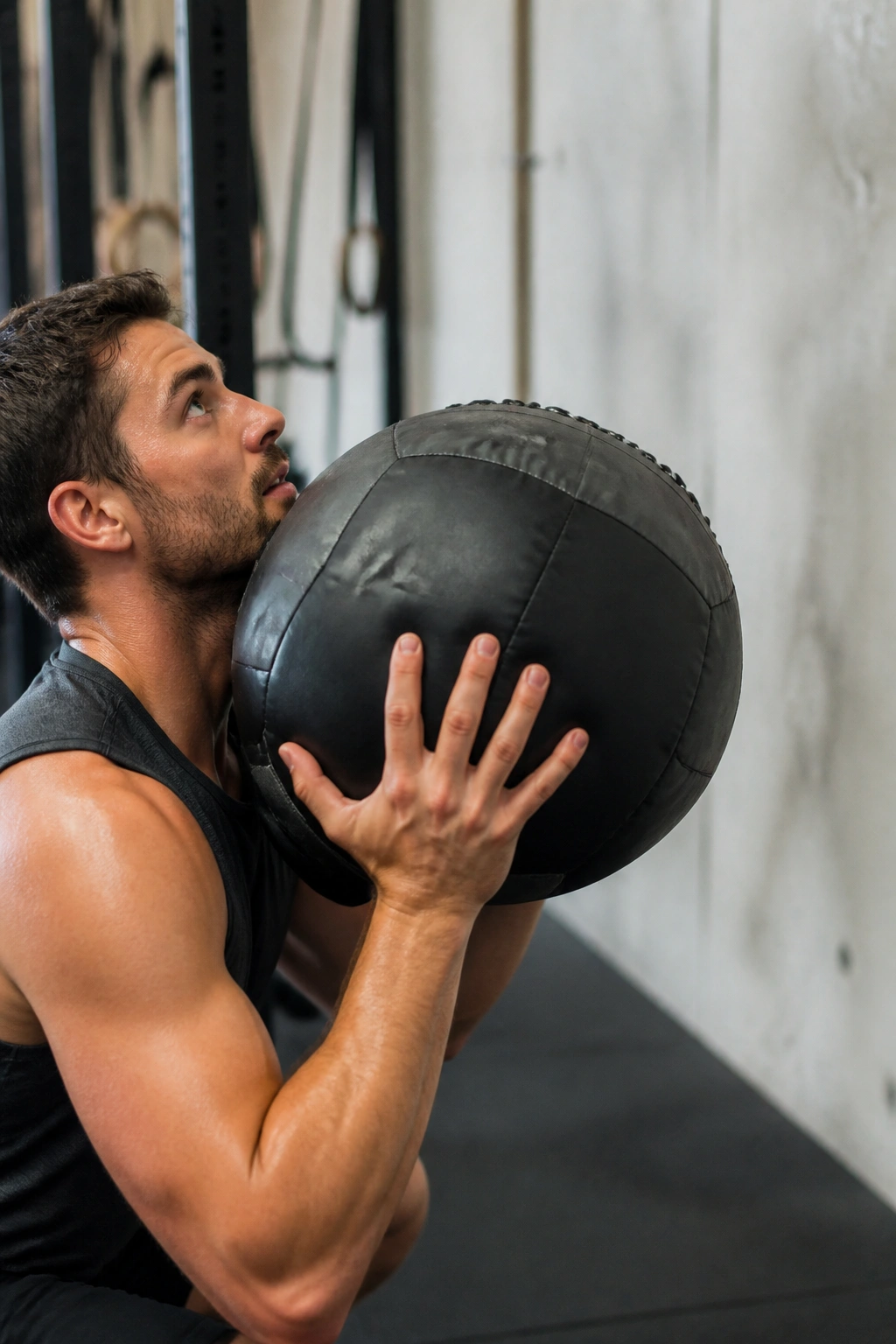 Close-up of weighted wall ball gripped at chest height in a gym