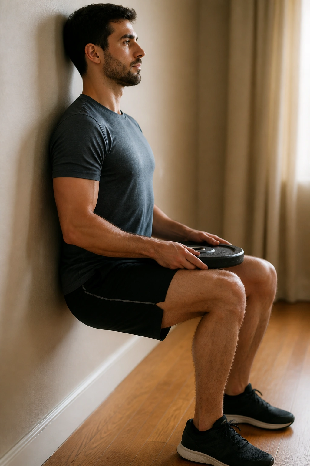 Person holding weight during a wall sit against a wall