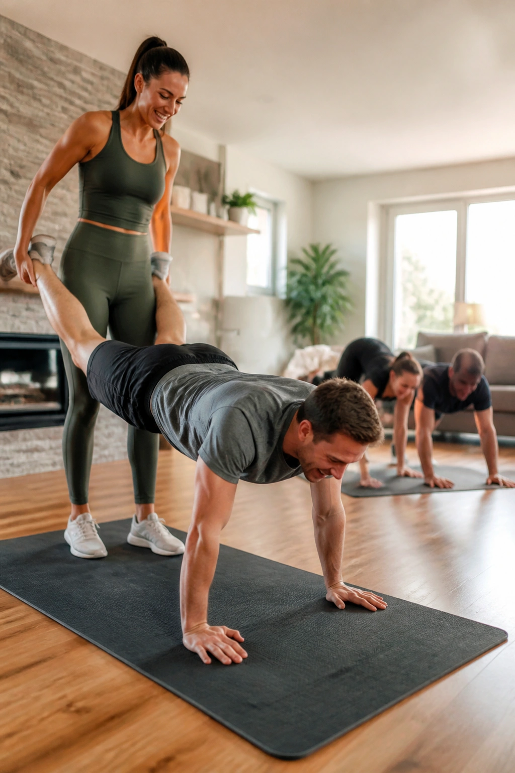 Two people performing wheelbarrow walk with a bear crawl relay in a bright living room.