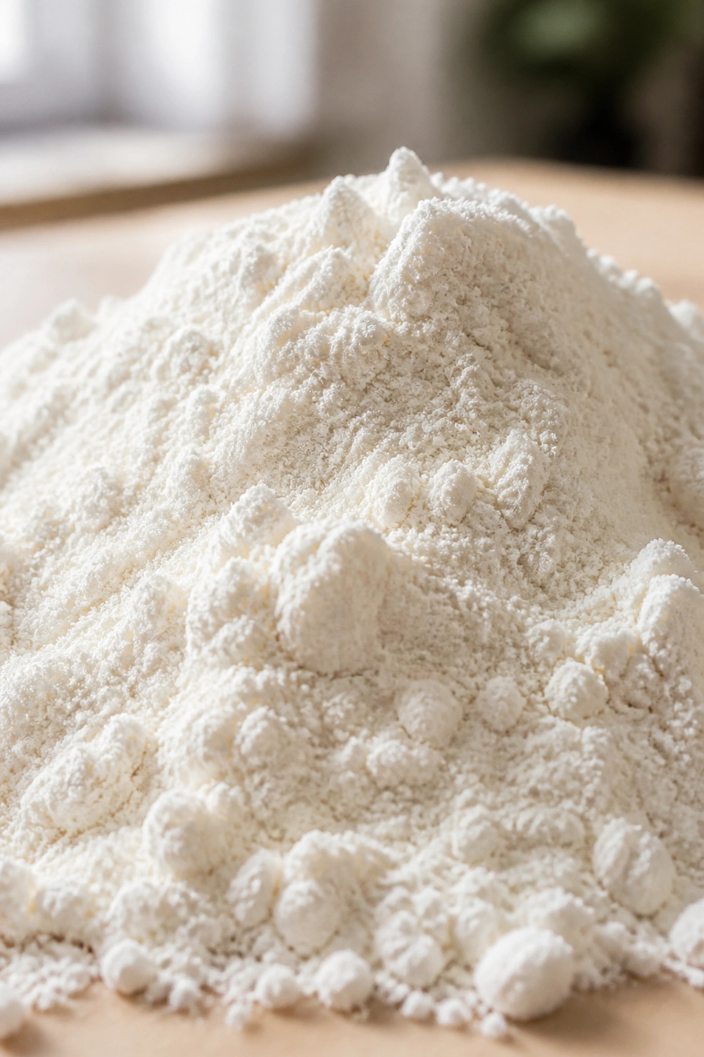 Close-up of whey protein isolate powder mound on a wooden kitchen counter