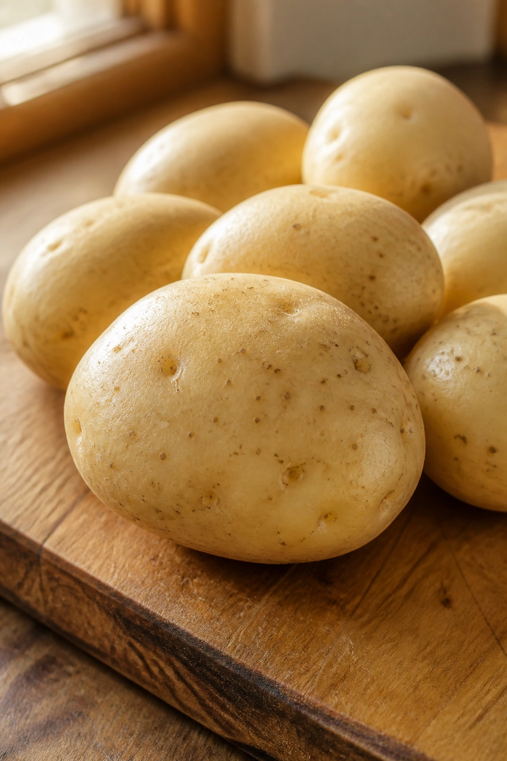 Close-up of white potatoes on a wooden cutting board, raw tubers for bulk carbs