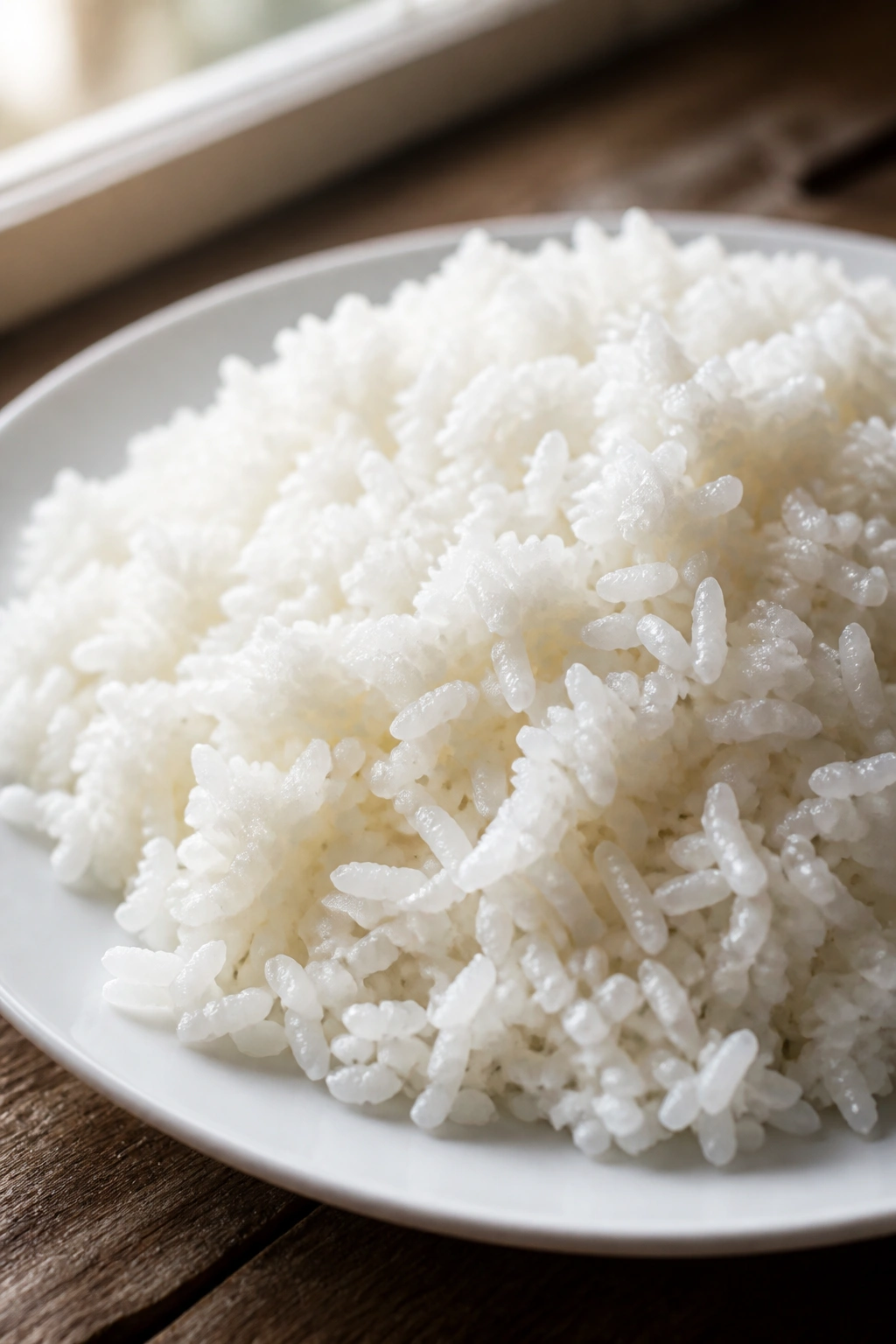 Close-up of a mound of plain white rice on a plate in a cozy kitchen