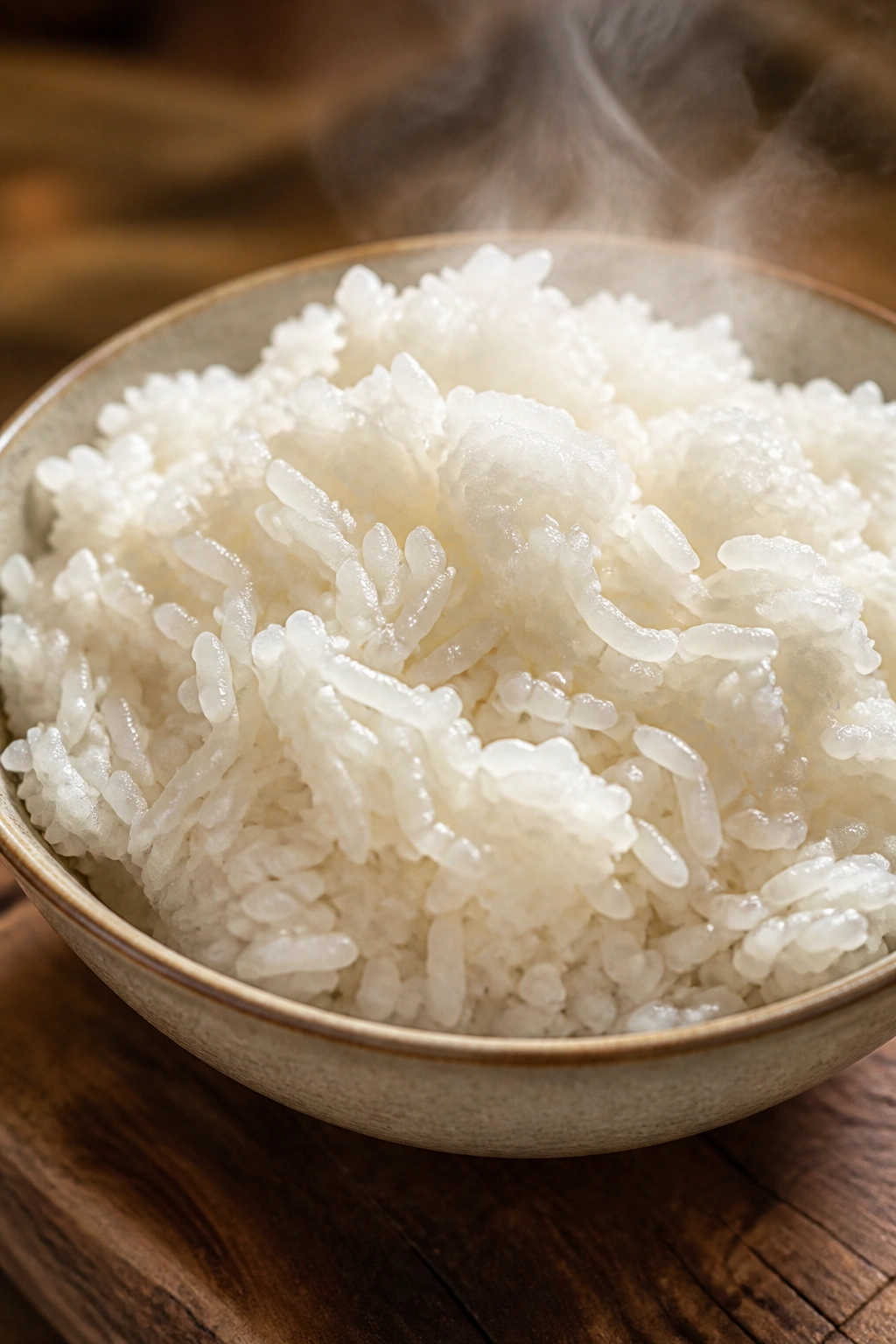 Close-up of steaming white rice in bowl on wooden board