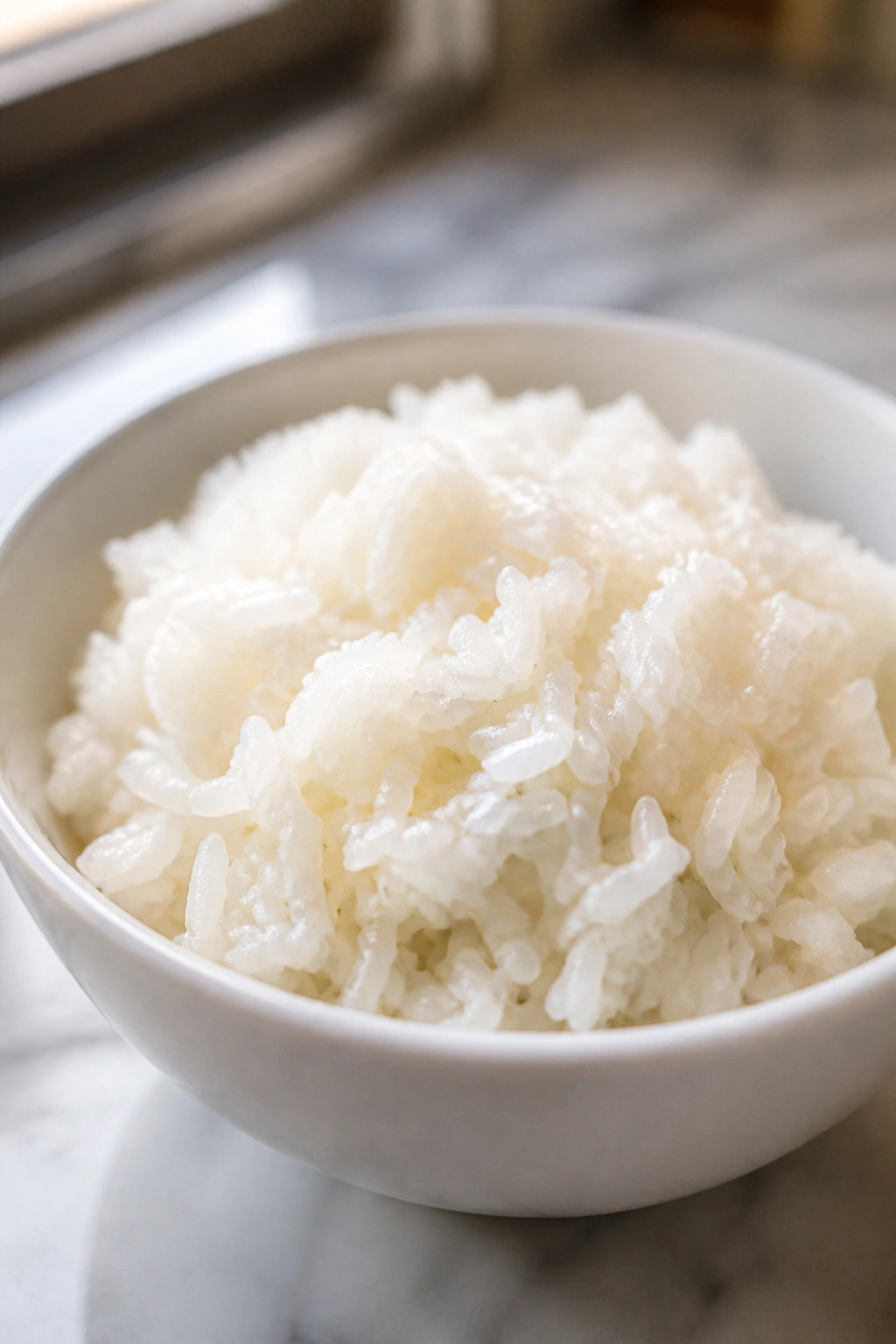 Close-up of plain white rice filling a small bowl on a warm kitchen counter