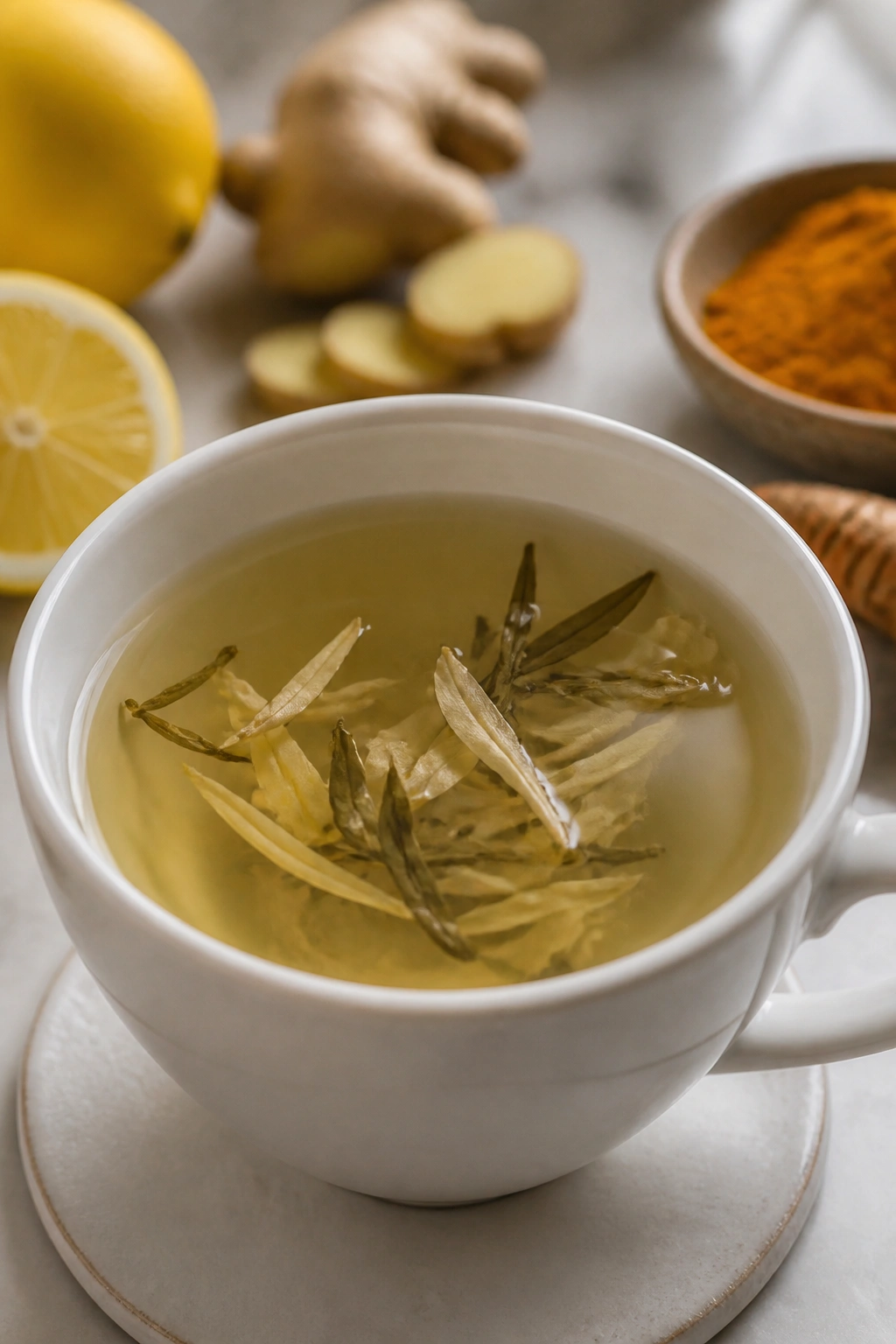 Pale white tea in a white cup with soft kitchen background