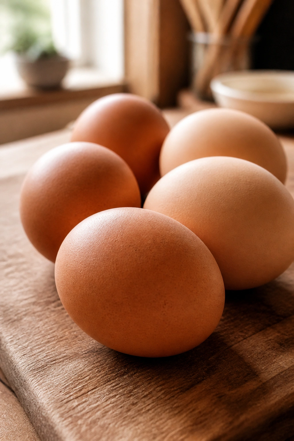 Pile of whole eggs on a wooden board in a kitchen