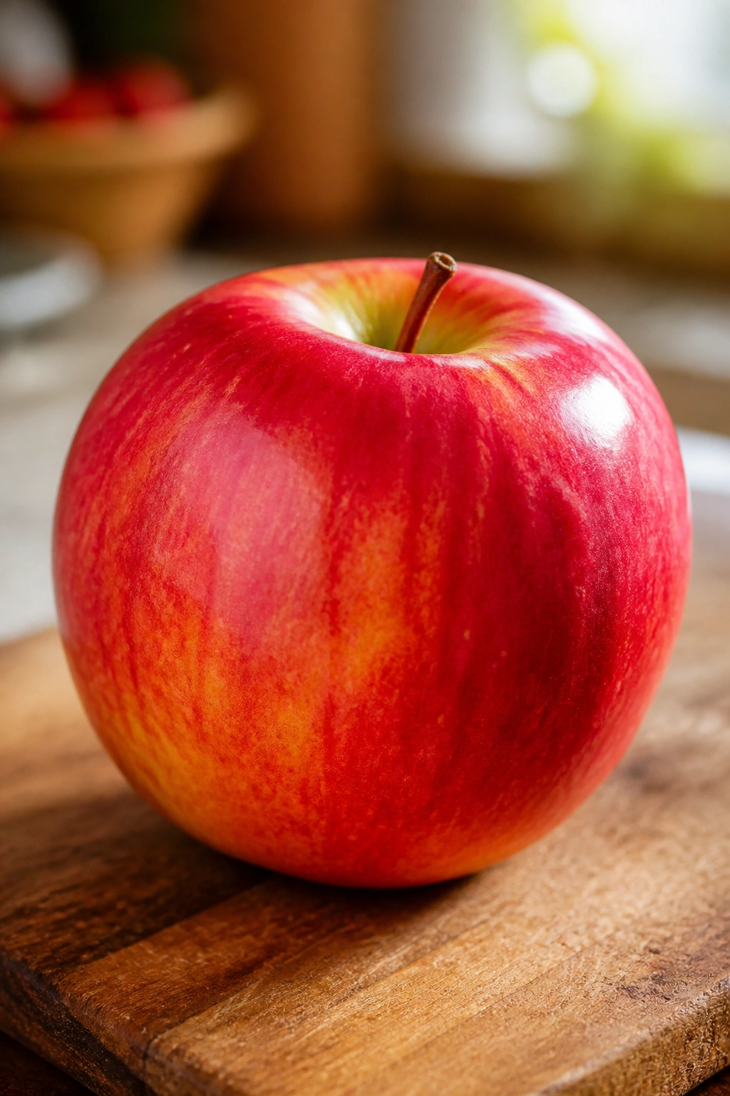 Close-up of a single fresh apple on a cutting board