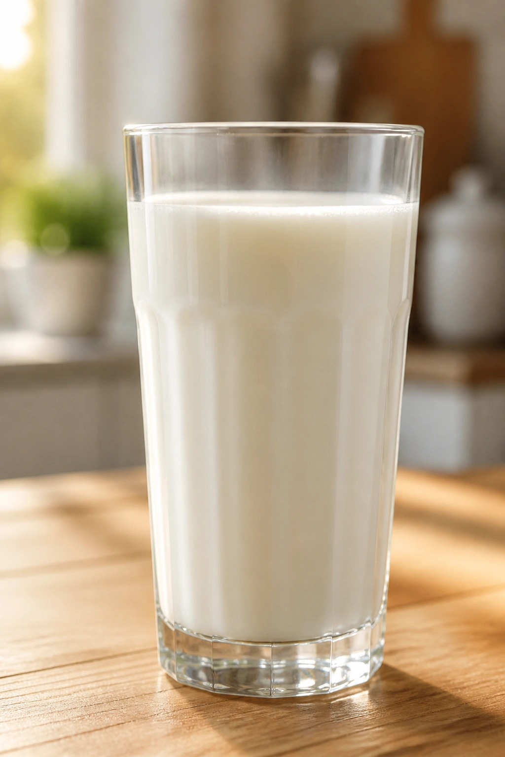 Tall glass of whole milk on a kitchen counter