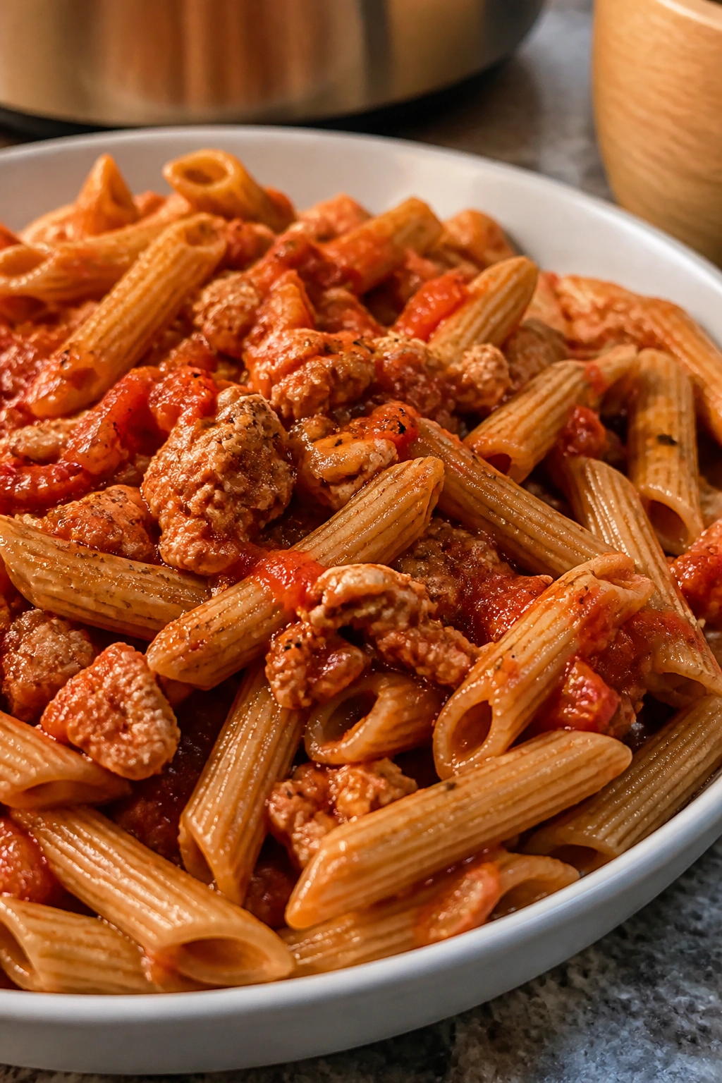 Close-up plate of whole-wheat pasta with marinara and turkey