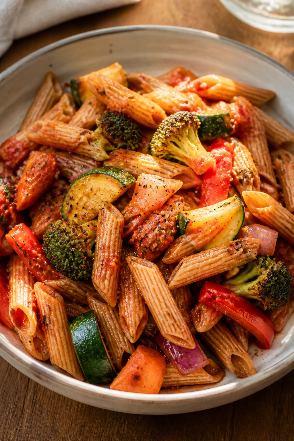Plate of whole-wheat veggie pasta with tomato sauce and roasted vegetables