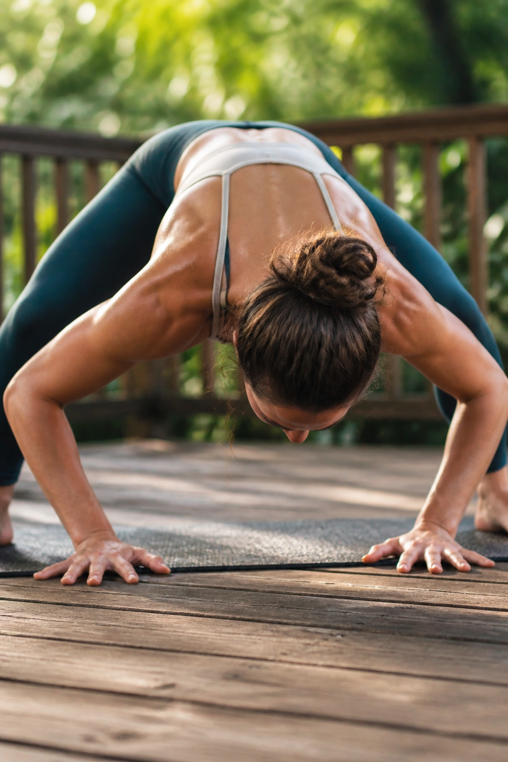 Real person pulsing in wide-legged forward fold on outdoor yoga deck