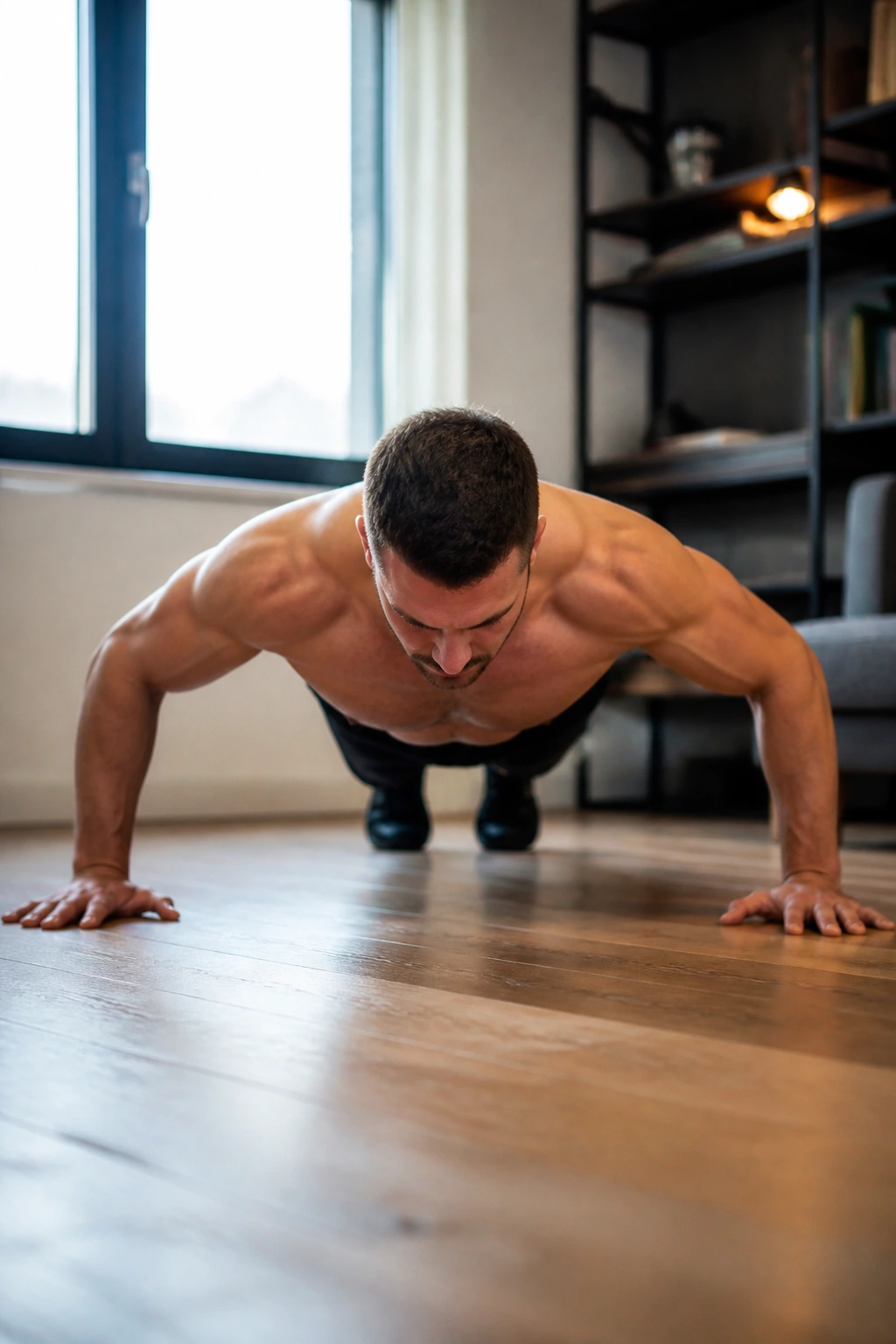 Real person doing wide push-ups with arms wider than shoulders on a mat.