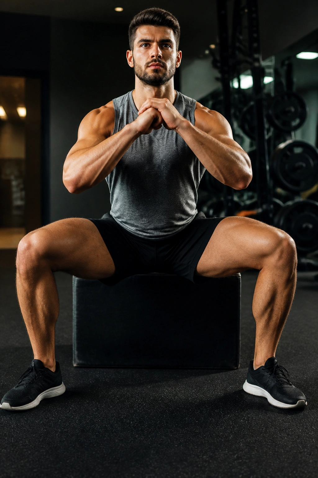 Lower-body portrait during a wide-stance box squat with a box behind