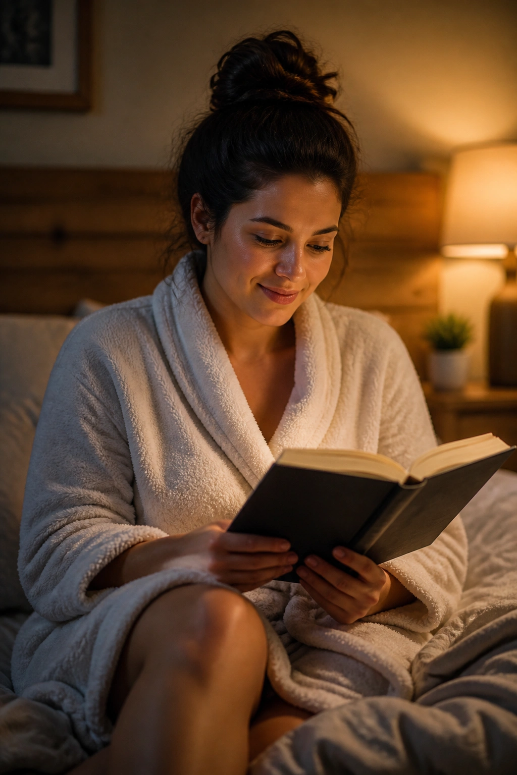 Real person practicing a wind-down routine in a softly lit bedroom.