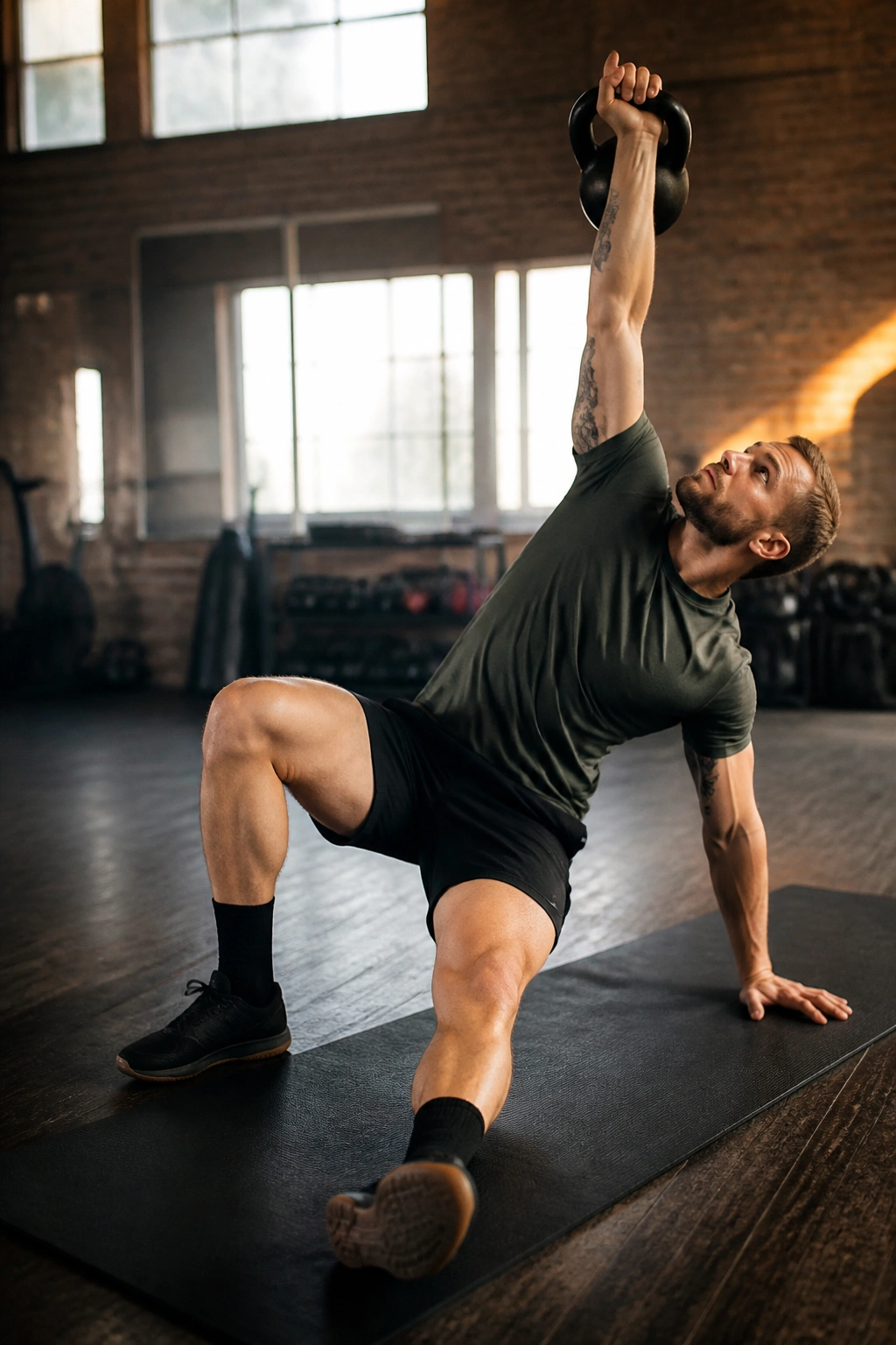 Medium close-up of a person performing Turkish Get-Up with kettlebell overhead on a mat