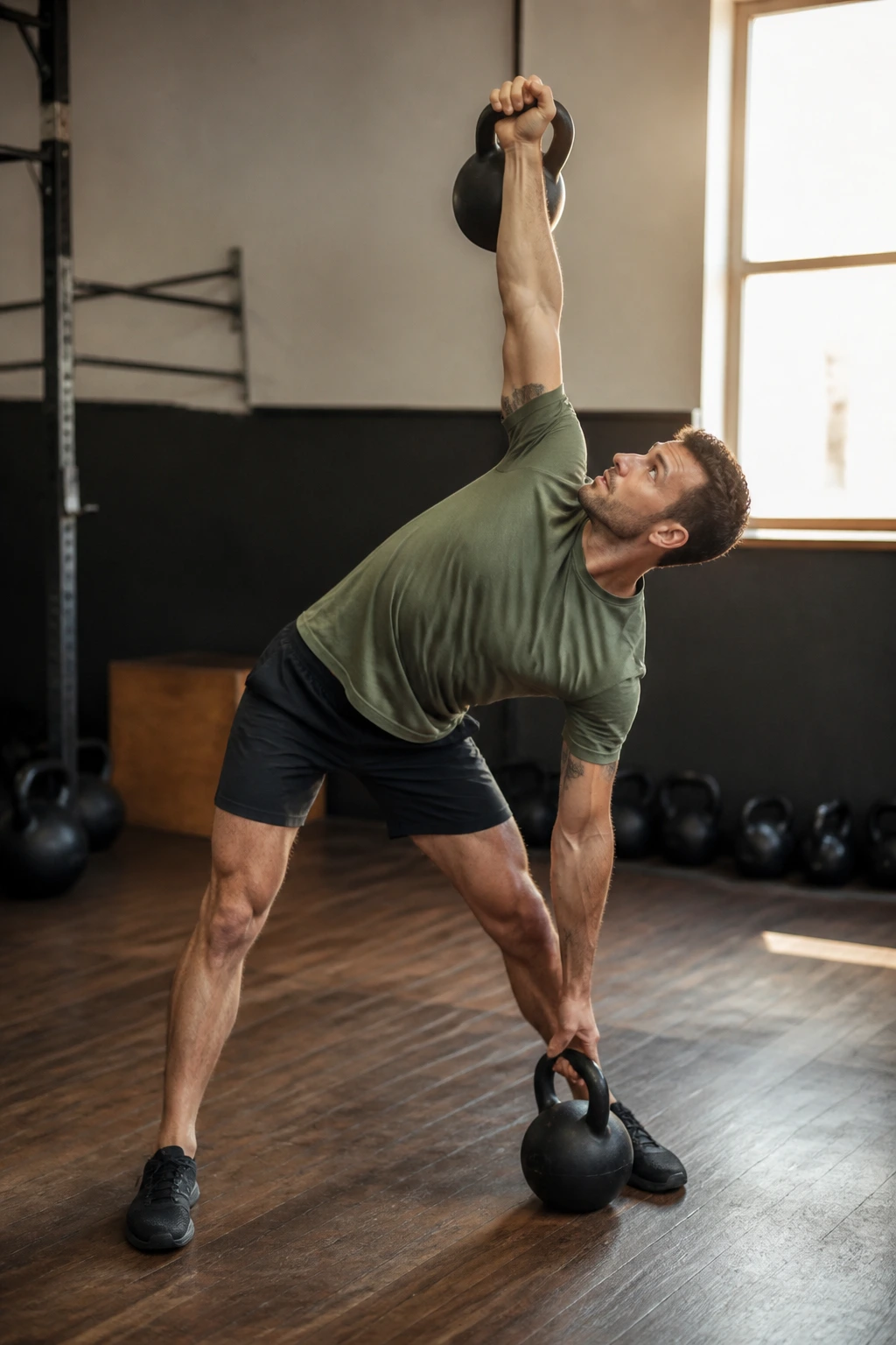 Real person doing windmill with kettlebell and suitcase carry in gym