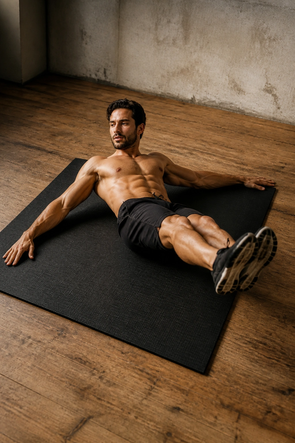 Person performing windshield wiper move lying on back with legs swinging side to side