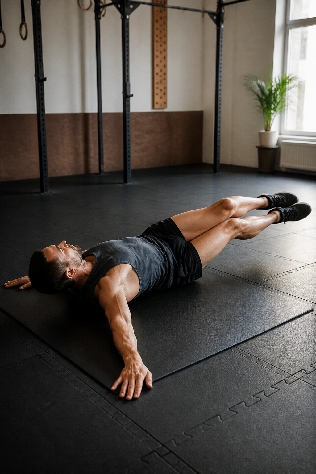 Person performing windshield wipers with legs rotating while shoulders stay on the floor