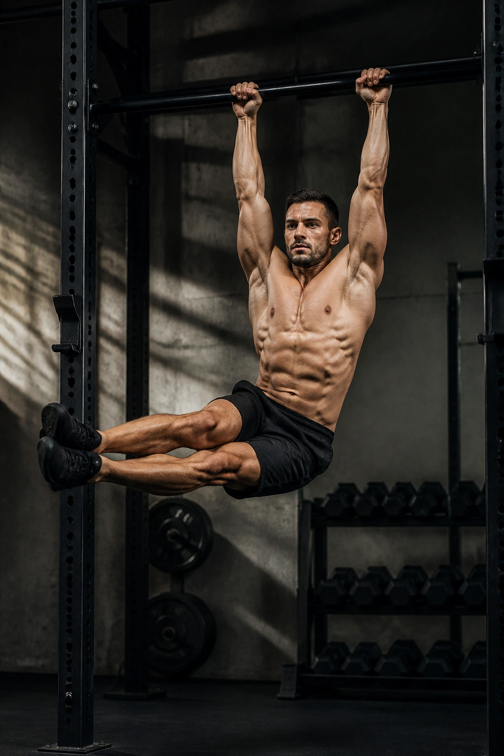 Athlete performing windshield wipers on a pull-up bar with controlled oblique engagement