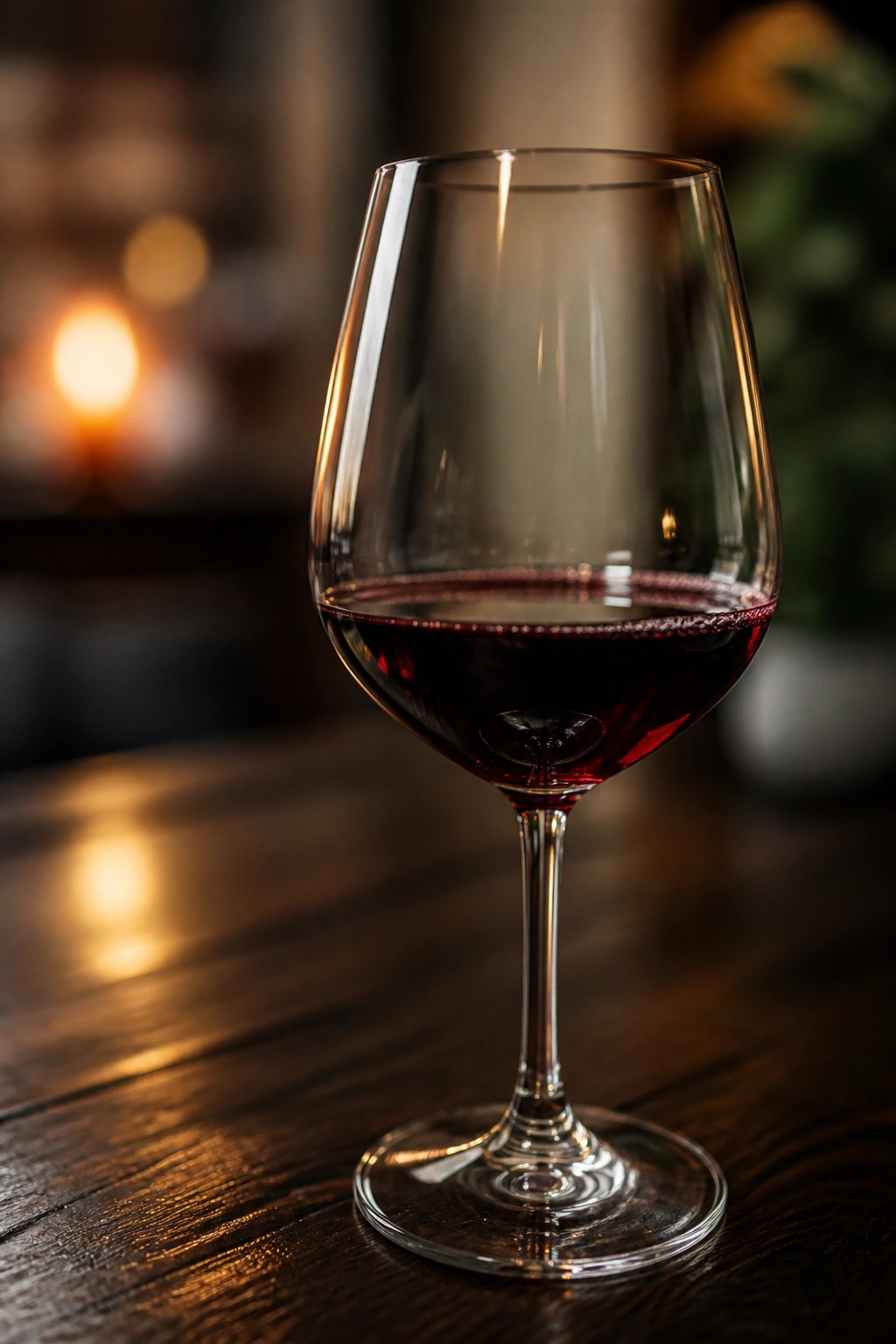 Glass of red wine on a wooden table with warm lighting.