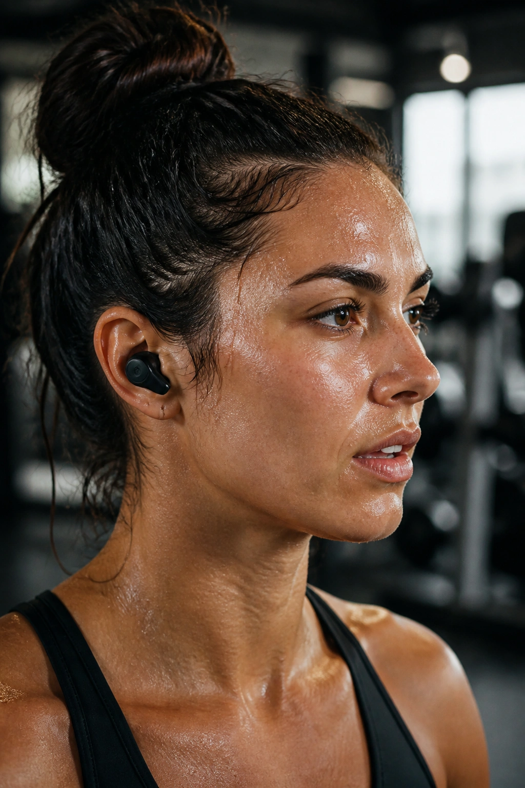 Close-up of a real athlete wearing wireless earbuds during a workout in a gym
