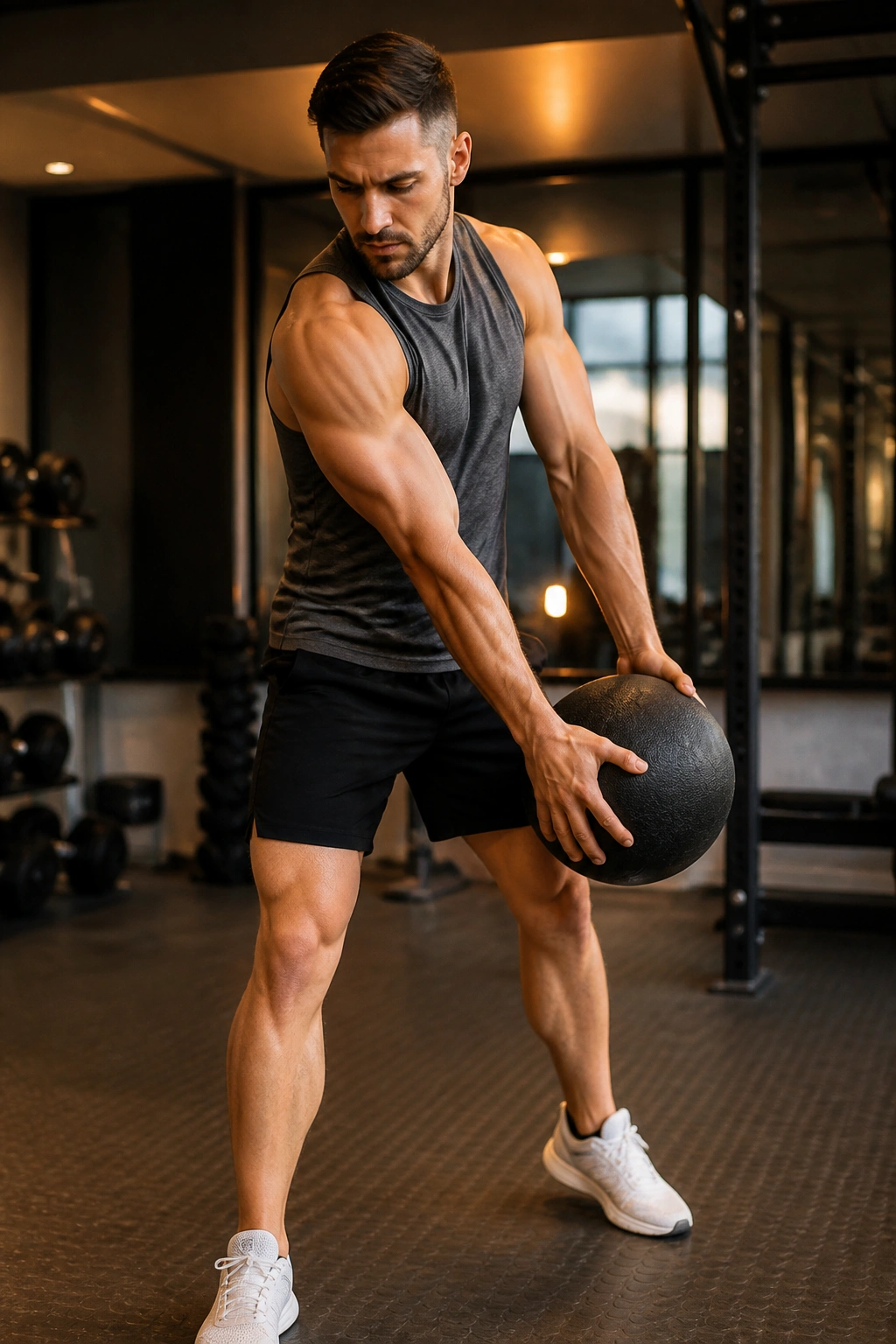 Person performing high-to-low medicine ball wood chop in gym.