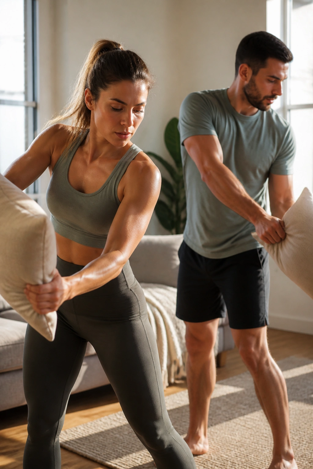 Two people performing standing wood-chop rotations with a pillow in a sunlit living room