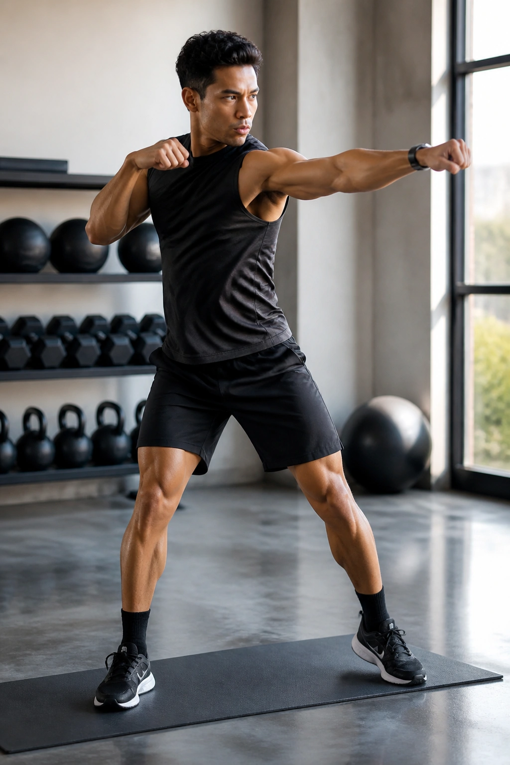 Mid-shot of a person performing woodchop rotations with shadowboxing punches