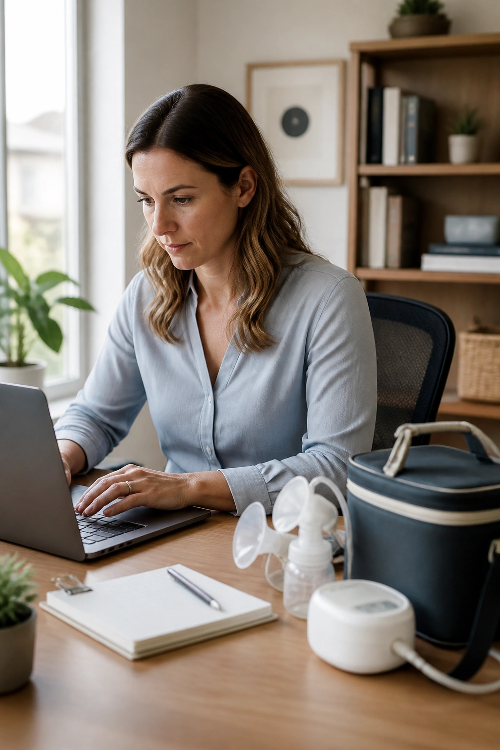 Medium close-up portrait of a working mom at a home office desk