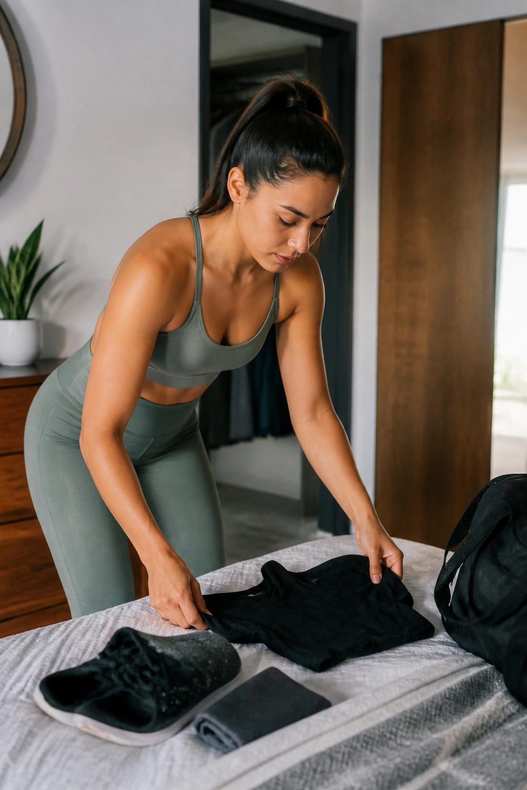 Portrait of a person preparing workout clothes in a tidy room to schedule workouts