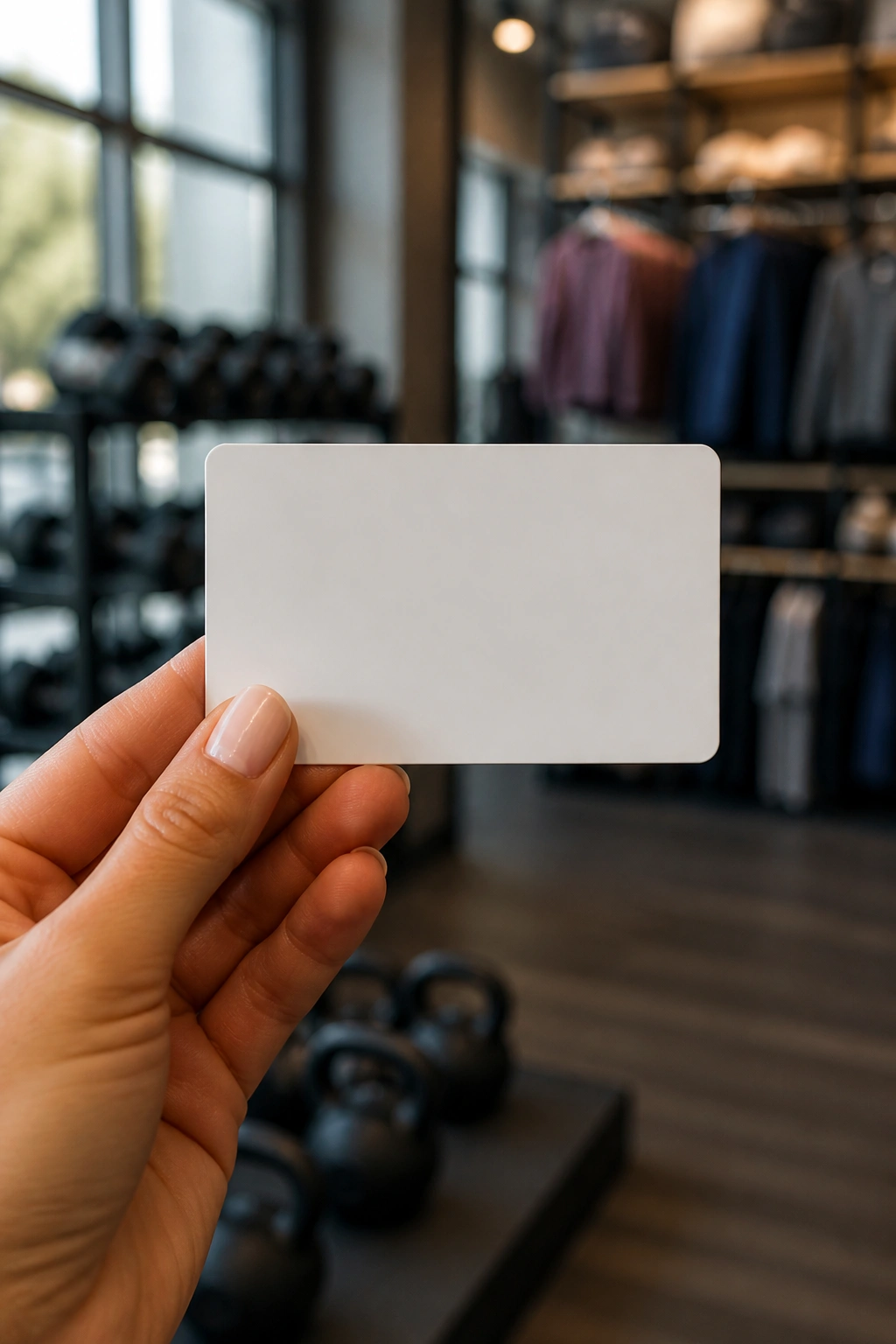 Hand holding a blank gift card for workout gear