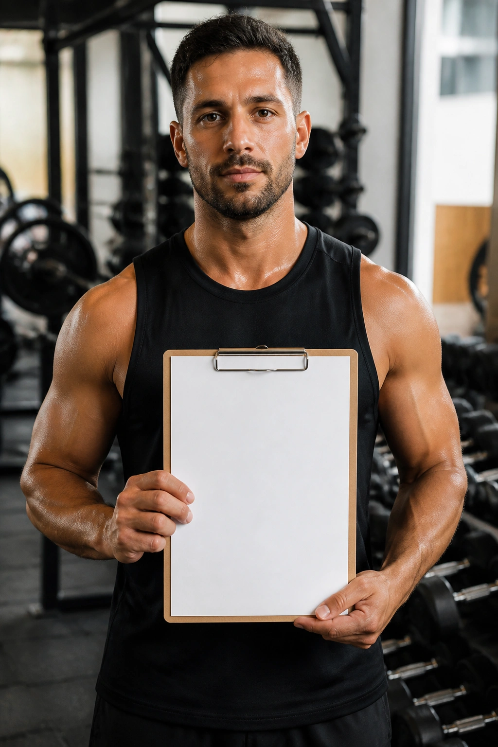 Athlete in gym holding a clipboard with a blank page to imply a workout log