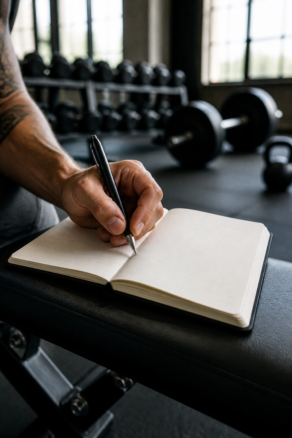 Close-up of a hand writing in a blank notebook on a gym bench
