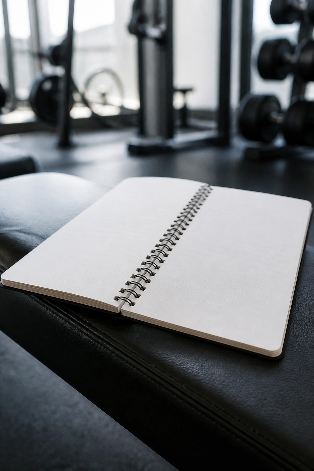 Close-up of a blank workout logbook on a gym bench for tracking exercises, sets, and notes