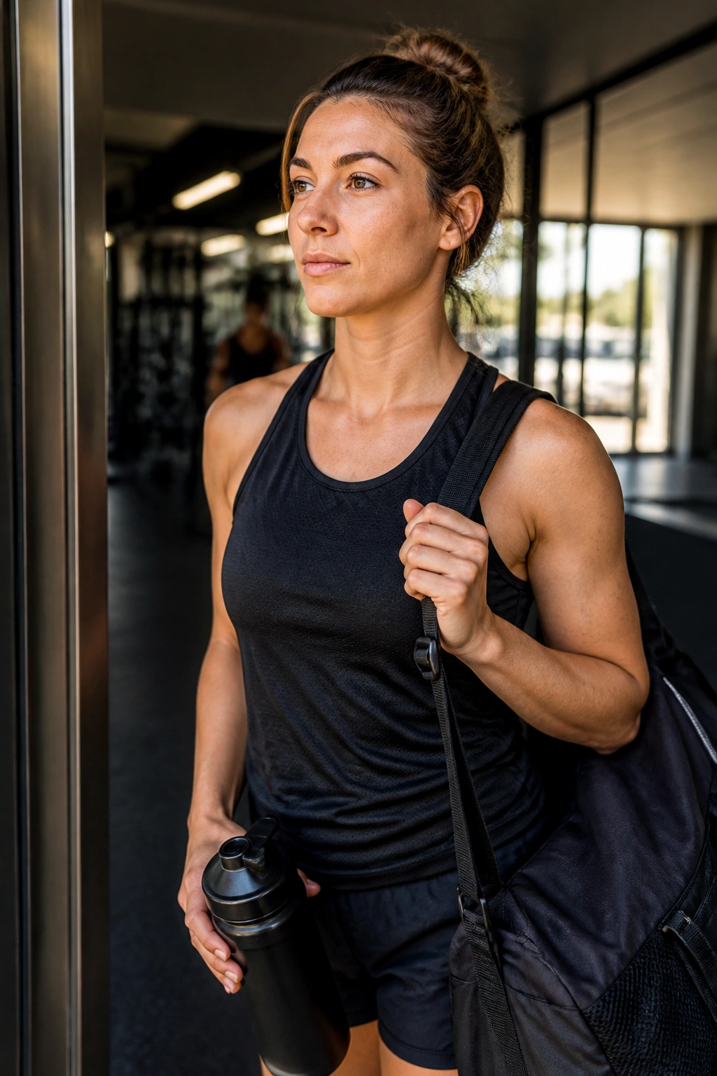 Focused gym-goer entering a gym with purpose