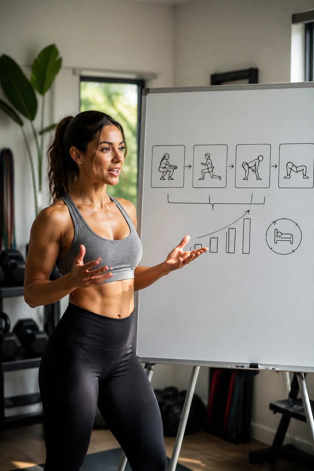 Person planning a workout routine on a whiteboard with abstract icons in a home gym