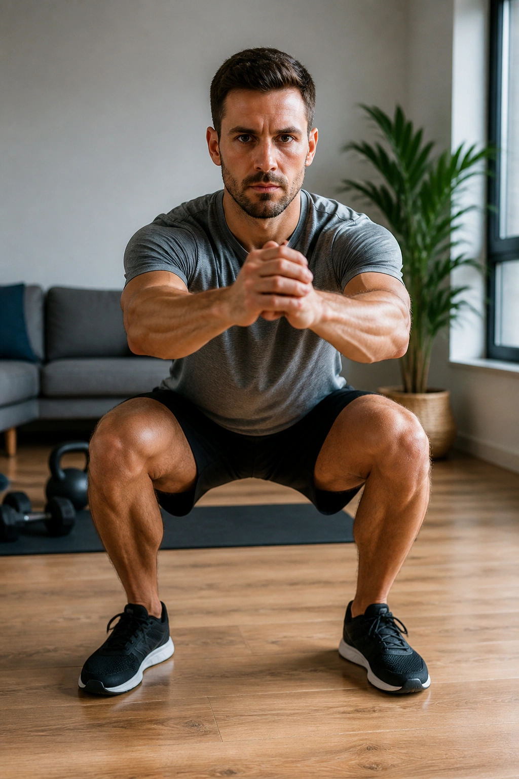 Close-up of a fit person performing a squat in a home gym
