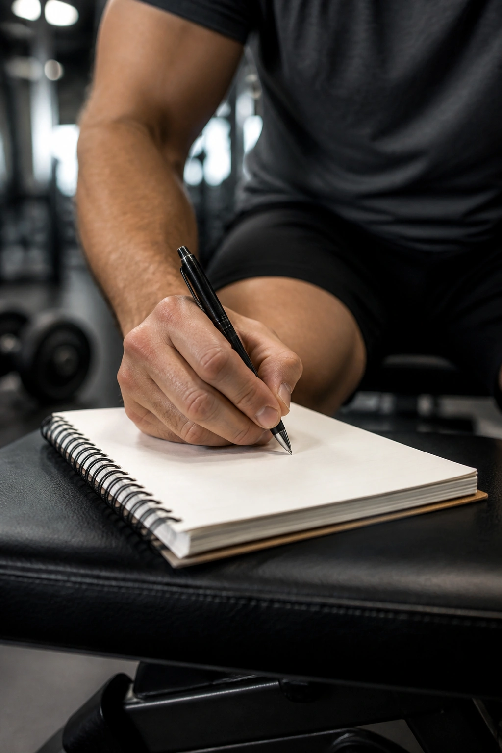 Hand writing in a blank workout log between sets