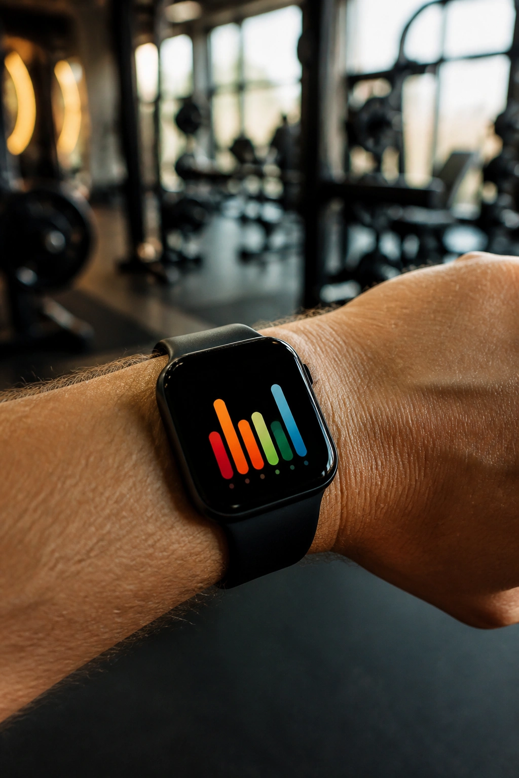 Wrist with smartwatch showing abstract activity bars in a gym setting.