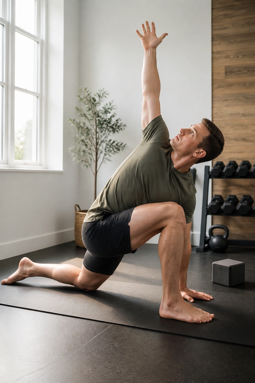 World's greatest stretch with thoracic reach performed in a bright home gym.