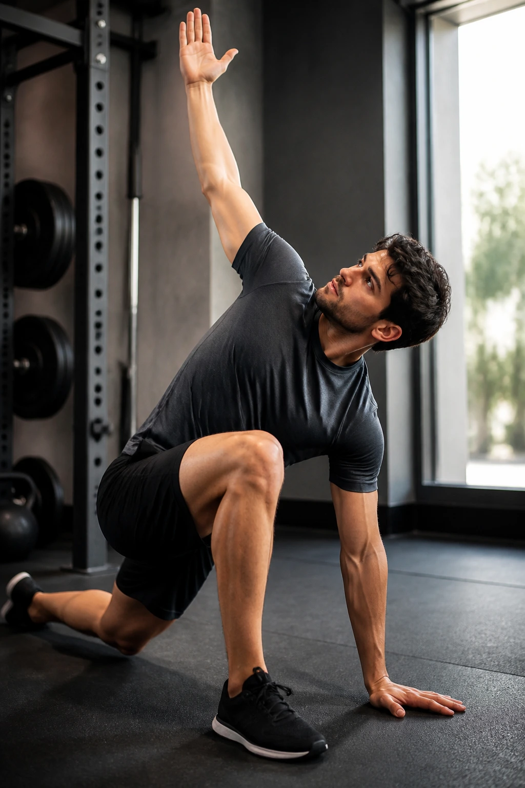 Close-up of a person performing the World’s Greatest Stretch in a gym, highlighting lunge and twist