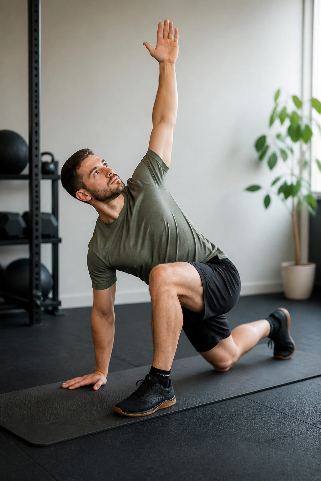 Person performing World's Greatest Stretch in a gym setting