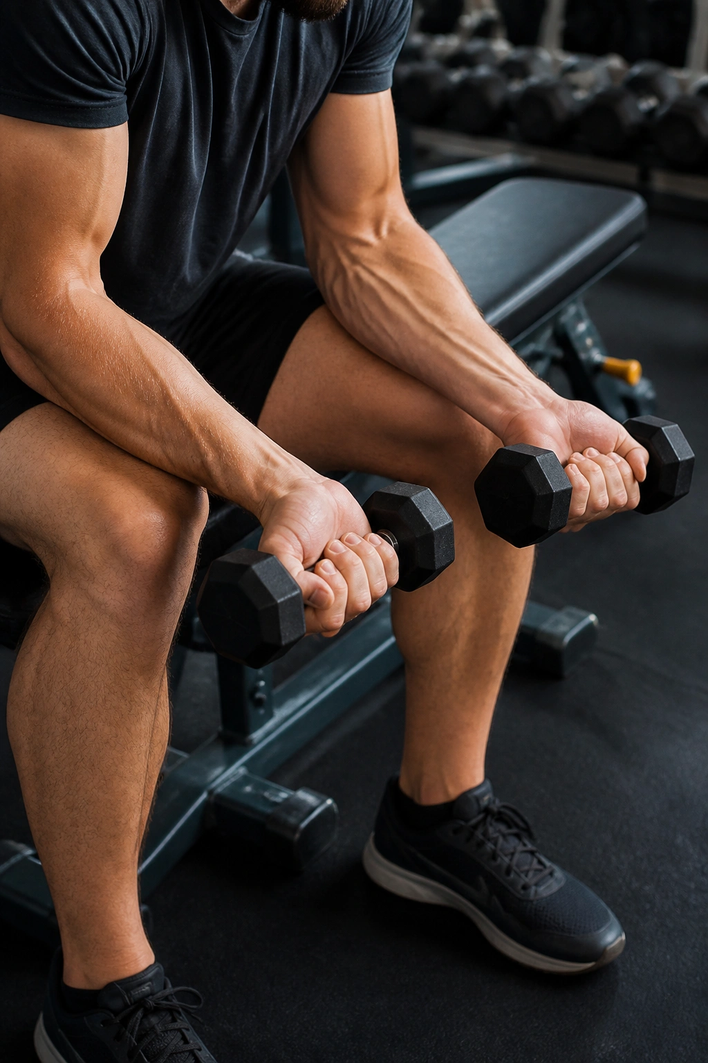 Close-up of forearms performing wrist curls on thighs in a gym