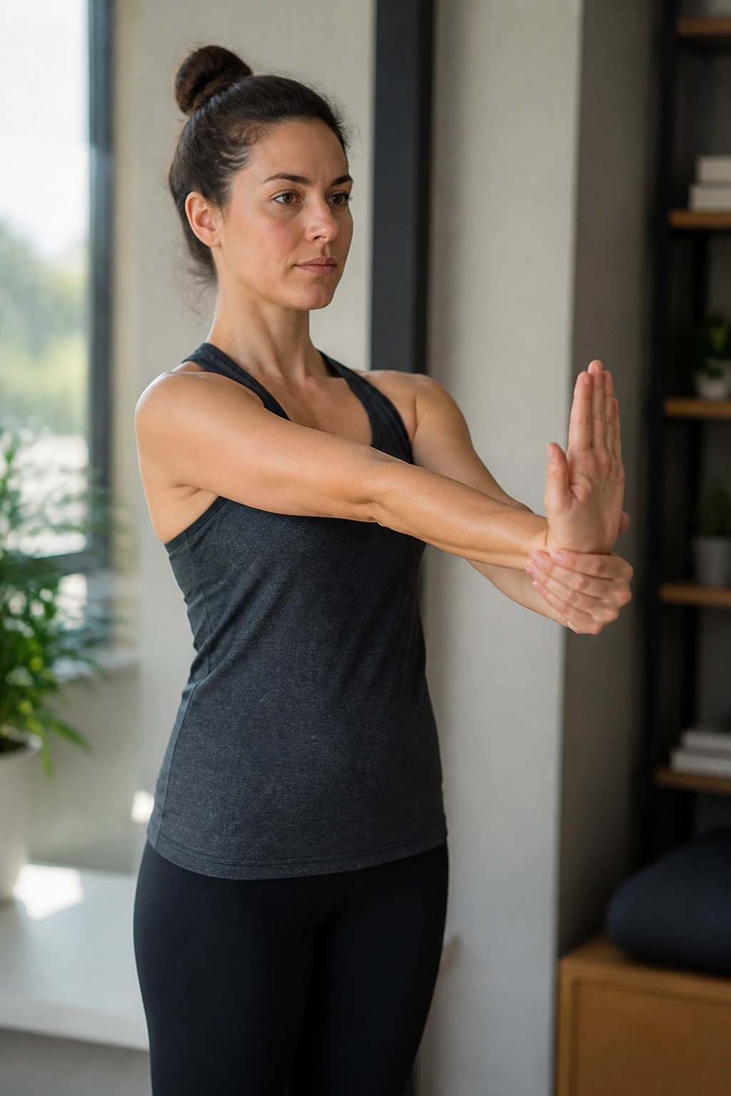 Real person performing standing wrist extensions focusing on forearm stretch