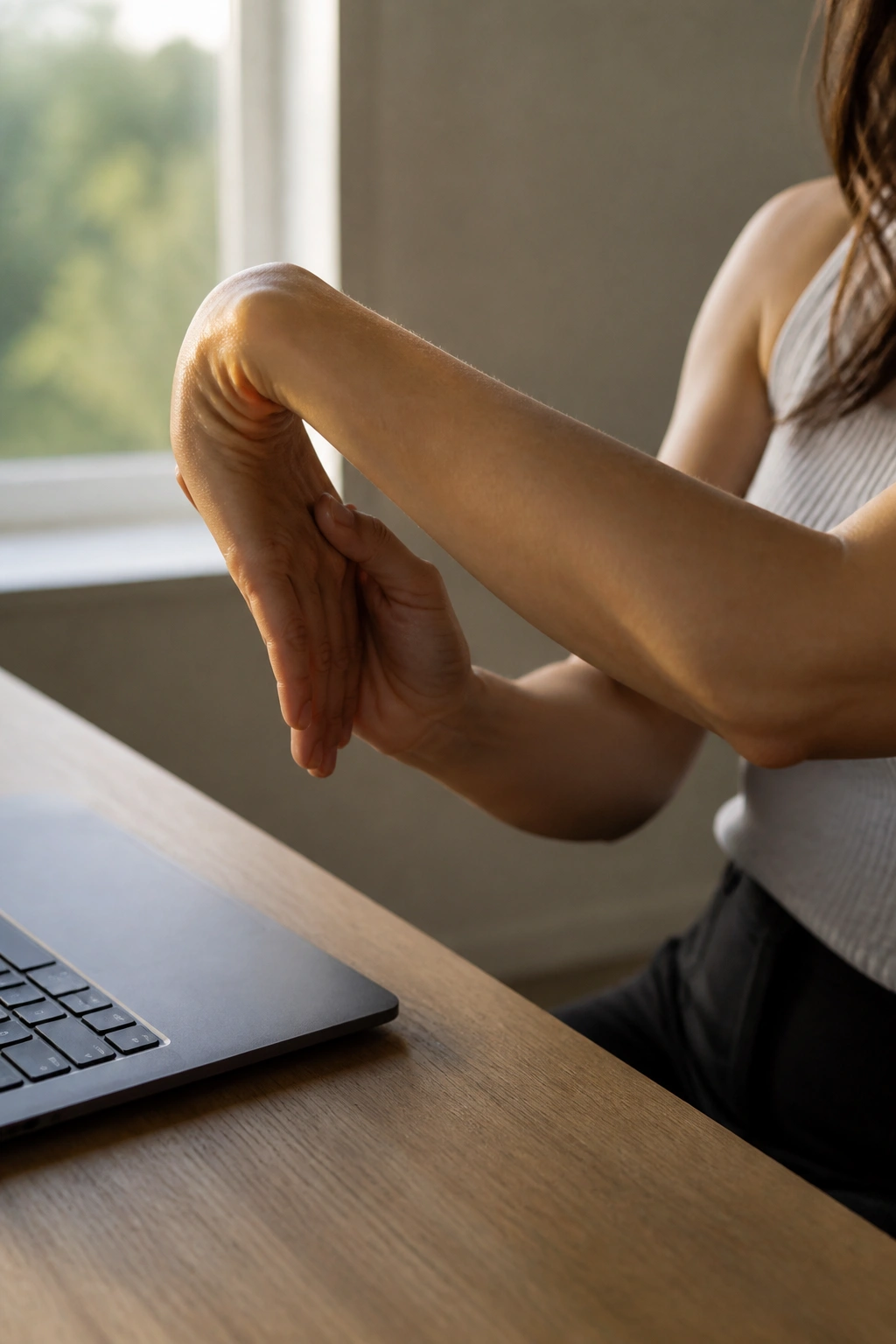 Close-up of forearm and wrist performing wrist rocks at a desk